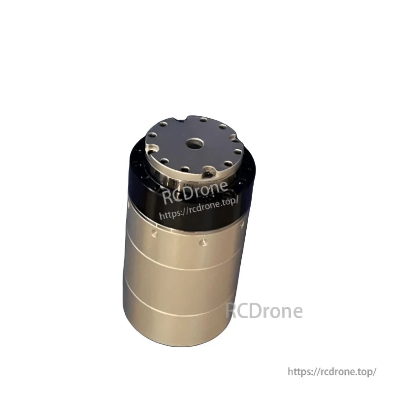 Angled side view of cylindrical joint module motor with silver housing and top flange mounting holes