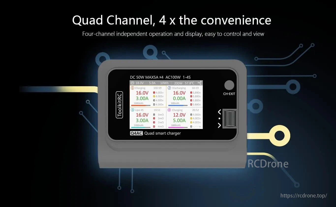 Quad channel charger with independent operation for 1-4S batteries, offering easy control and viewing.