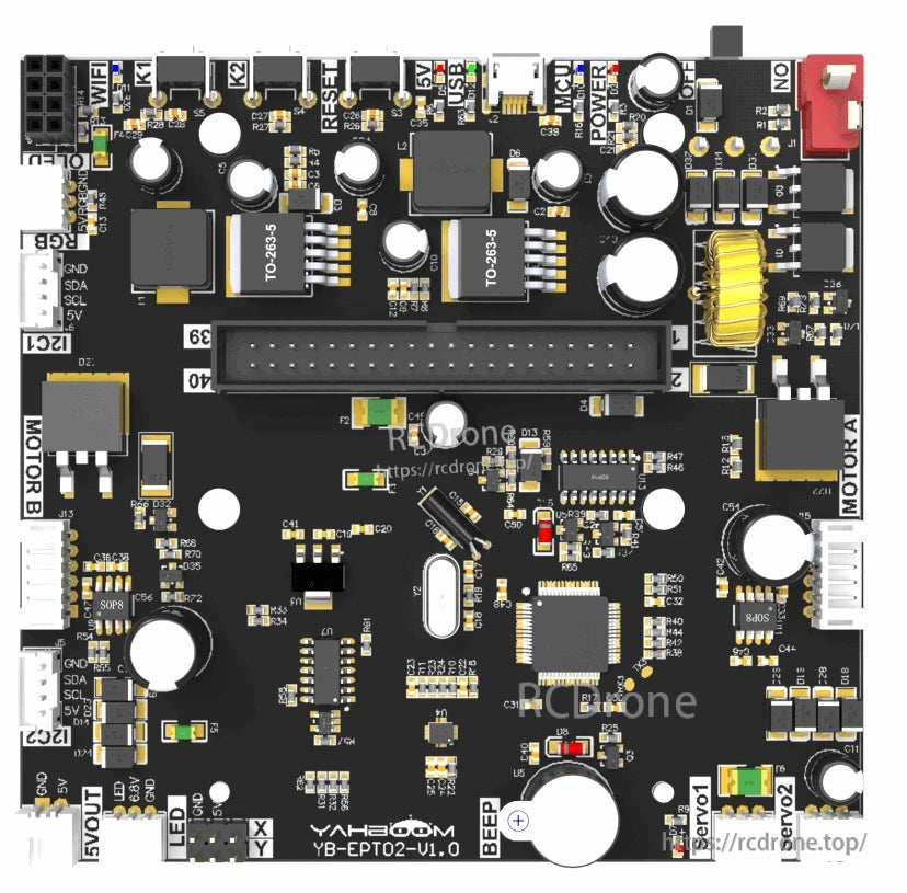 Transbot expansion board PCB top view with WiFi header, power circuit, motor ports, and servo connectors