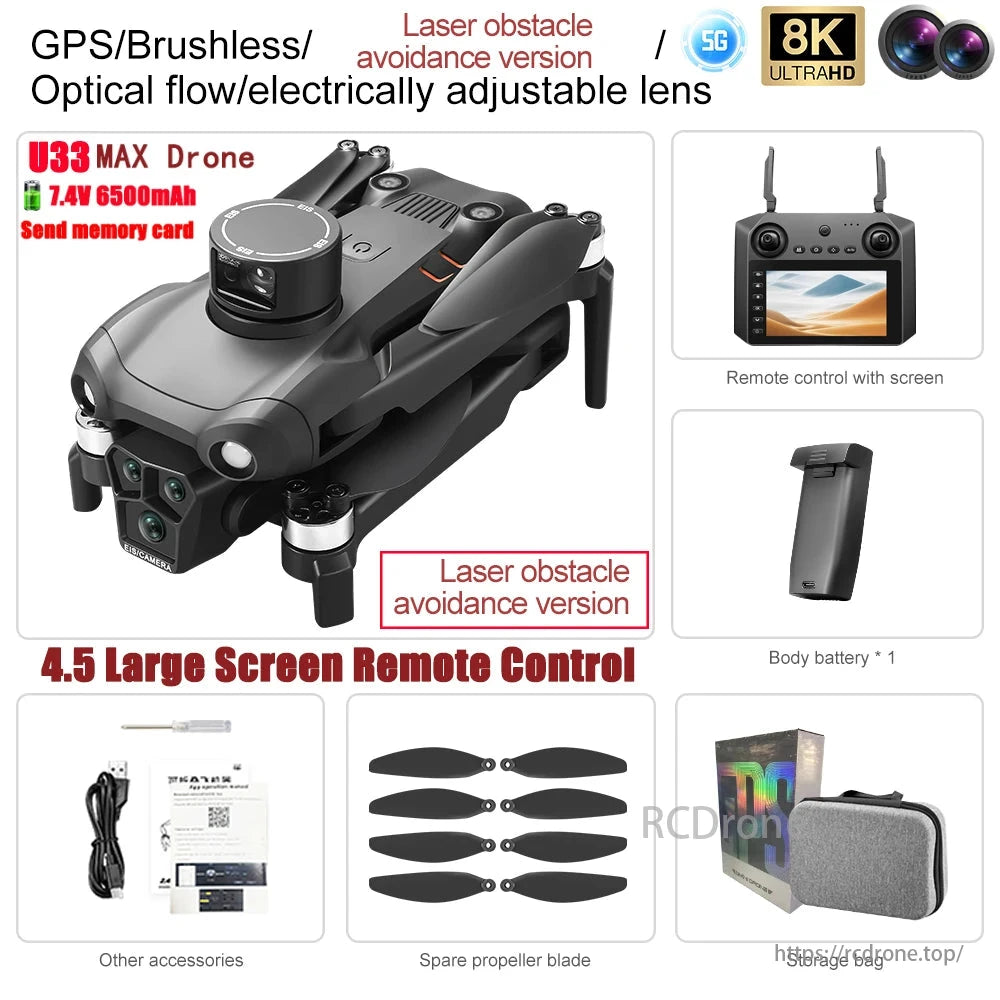 U33 MAX Drone boasts GPS, 8K camera, obstacle avoidance, brushless motors, and a 4.5-inch remote screen, with accessories like memory card and USB cable.