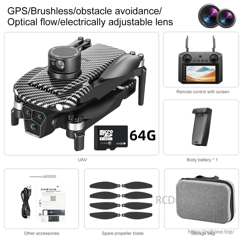 U99 MAX PRO Drone, Advanced drone features GPS, brushless motors, obstacle avoidance, optical flow, and adjustable lens; includes remote, 64GB microSD, battery, spare propellers, and accessories.