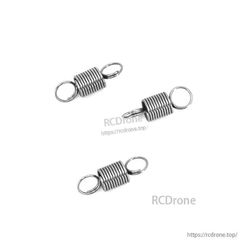 Three metal gimbal tension springs shown with RCDrone watermark and website URL overlay