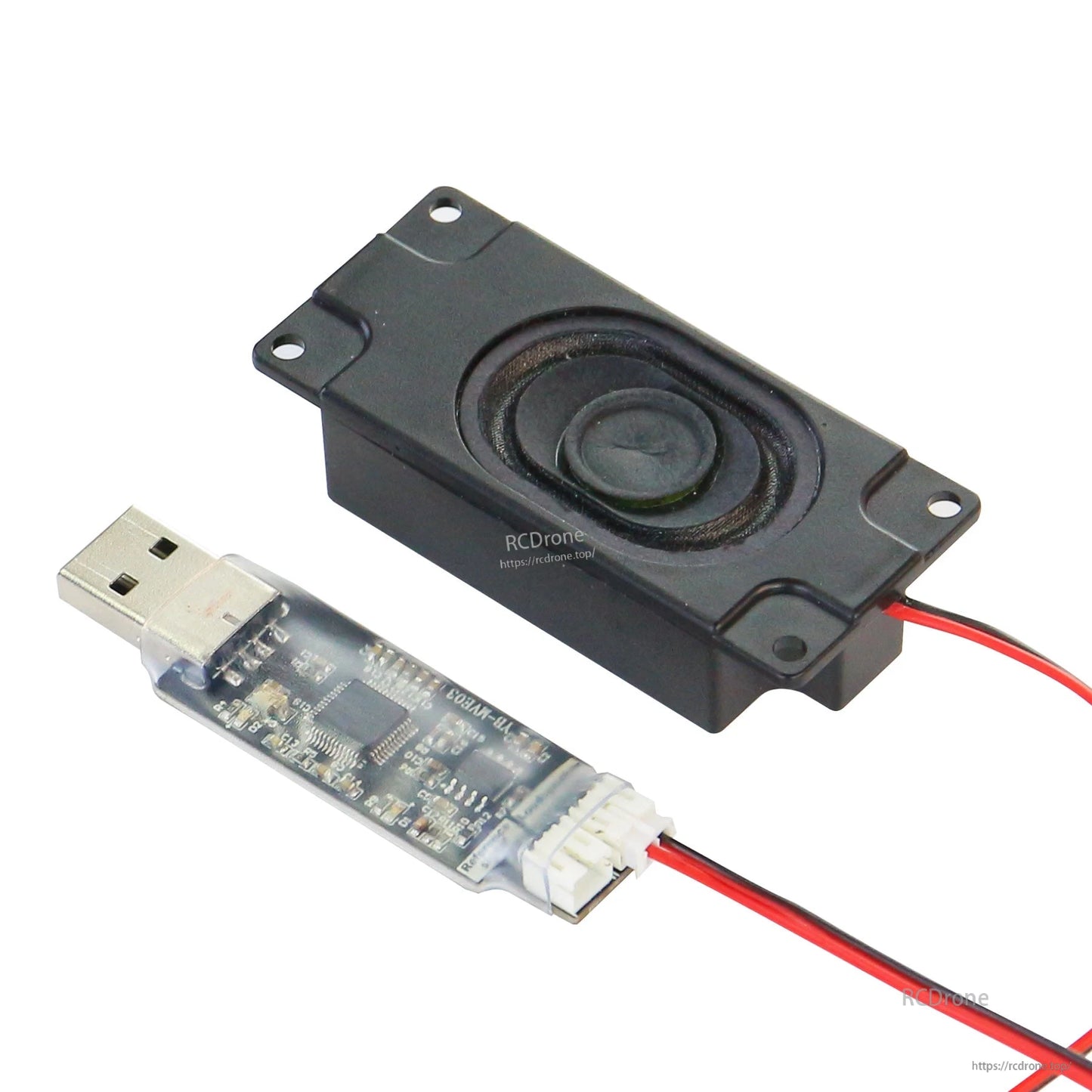 4Ω 3W speaker module with USB sound card attached, angled view showing wiring and mounting holes