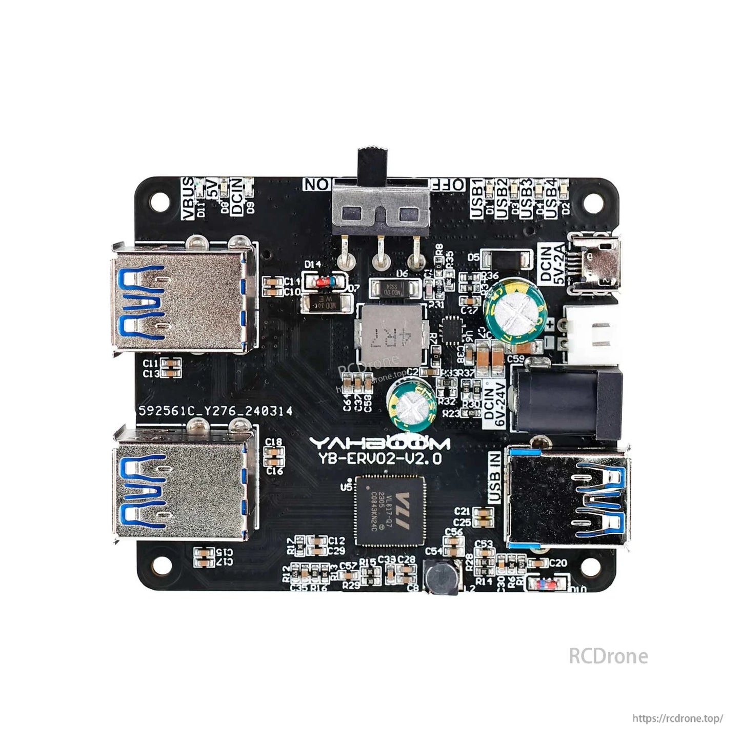 USB3.0 HUB expansion board close-up showing four USB-A ports plus DC barrel and micro USB power connectors