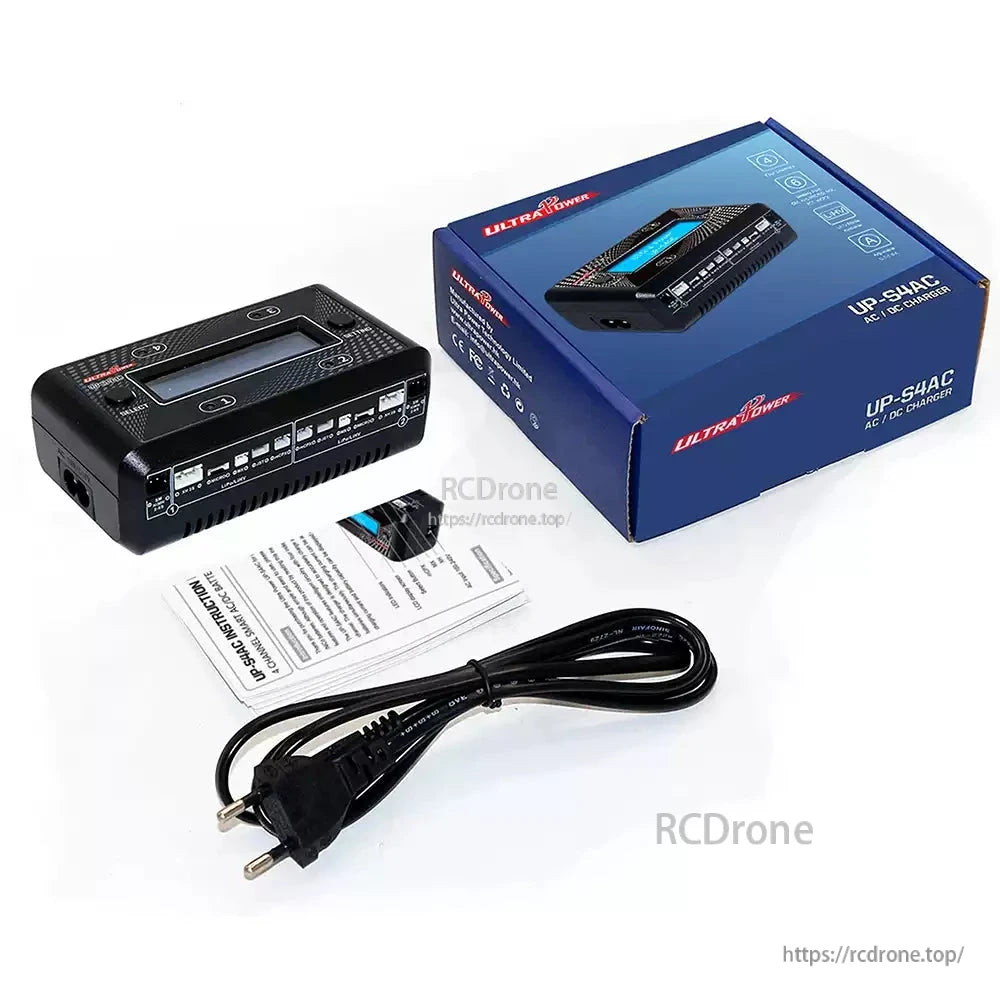 Ultra Power UP-S4AC Four-Channel AC/DC Charger, Ultra Power UP-S4AC 4-channel AC/DC charger for 2S LiPo/LiHV, LCD display, includes cables and box. Supports multiple battery types with smart protection.