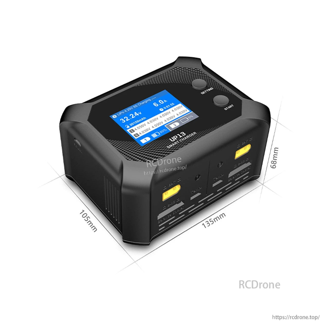 Ultra Power UP13 200W dual-channel charger for 2S-8S batteries, features independent outputs, digital display, compact 135x105x68mm design.