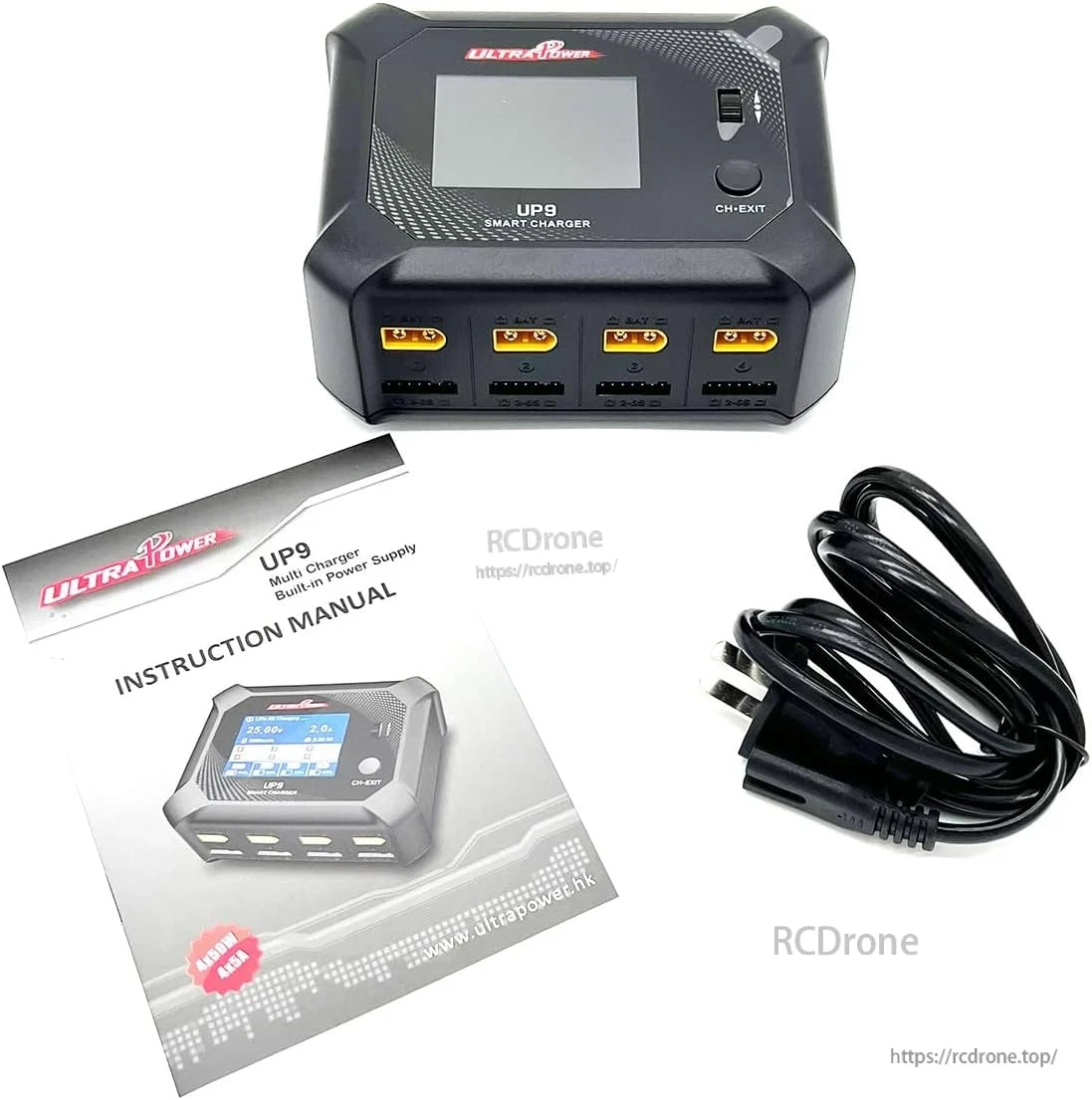 Ultra Power UP9 200W 4-channel smart charger with LCD, built-in power supply, multiple ports, manual, and cable.