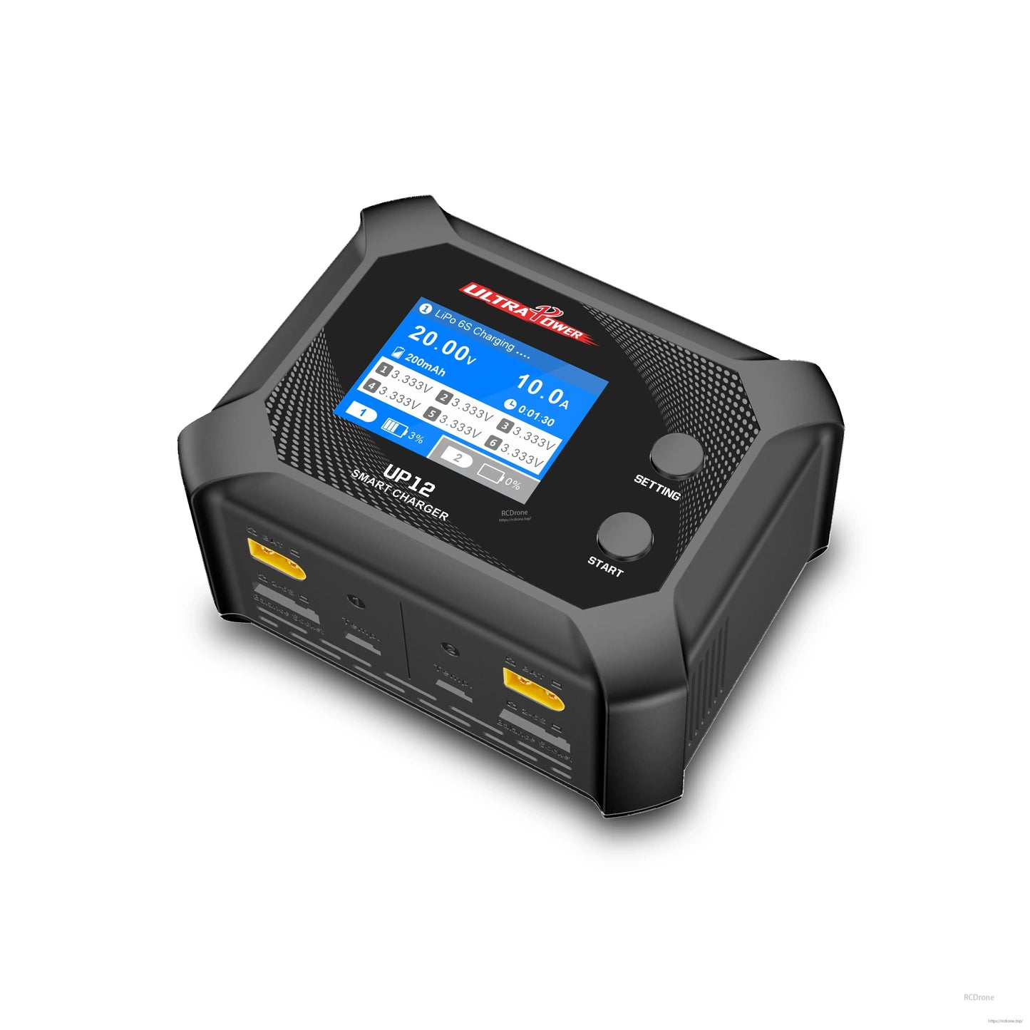 Ultral Power UP12 Smart Charger: 200W, 10A dual-channel charger for 2S-6S LiPo batteries with digital display, individual cell monitoring, and efficient cooling.