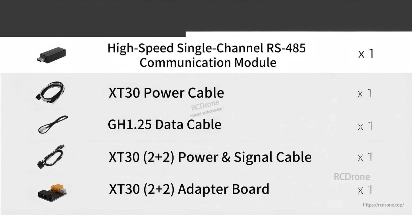 Included accessories list: RS-485 communication module, XT30 power cable, GH1.25 data cable, XT30 power/signal cable, adapter board