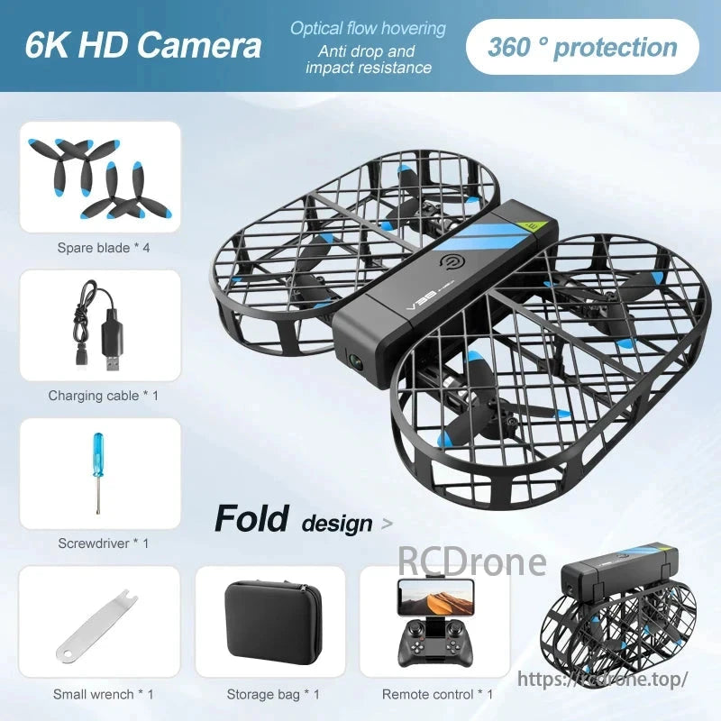 V38 Folding Drone, 6K HD drone with optical flow, 360° protection, foldable design, accessories included.