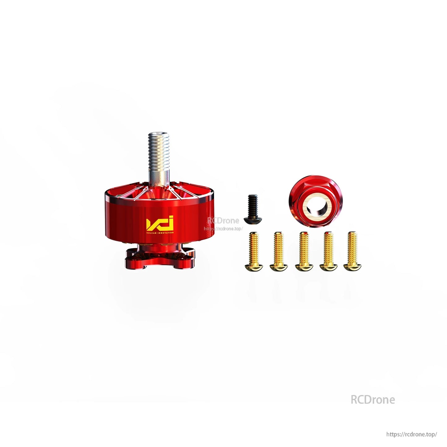 Red motor package contents with mounting screws, center screw, and prop adapter nut