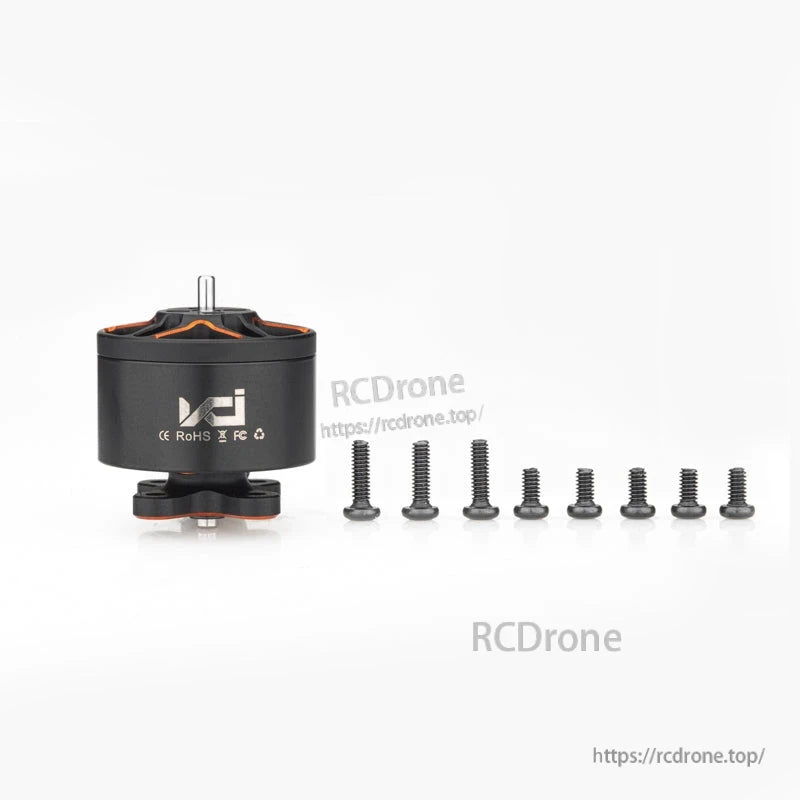 VCI SPARK 1408 motor with included mounting screw set; compliance icons printed on motor can