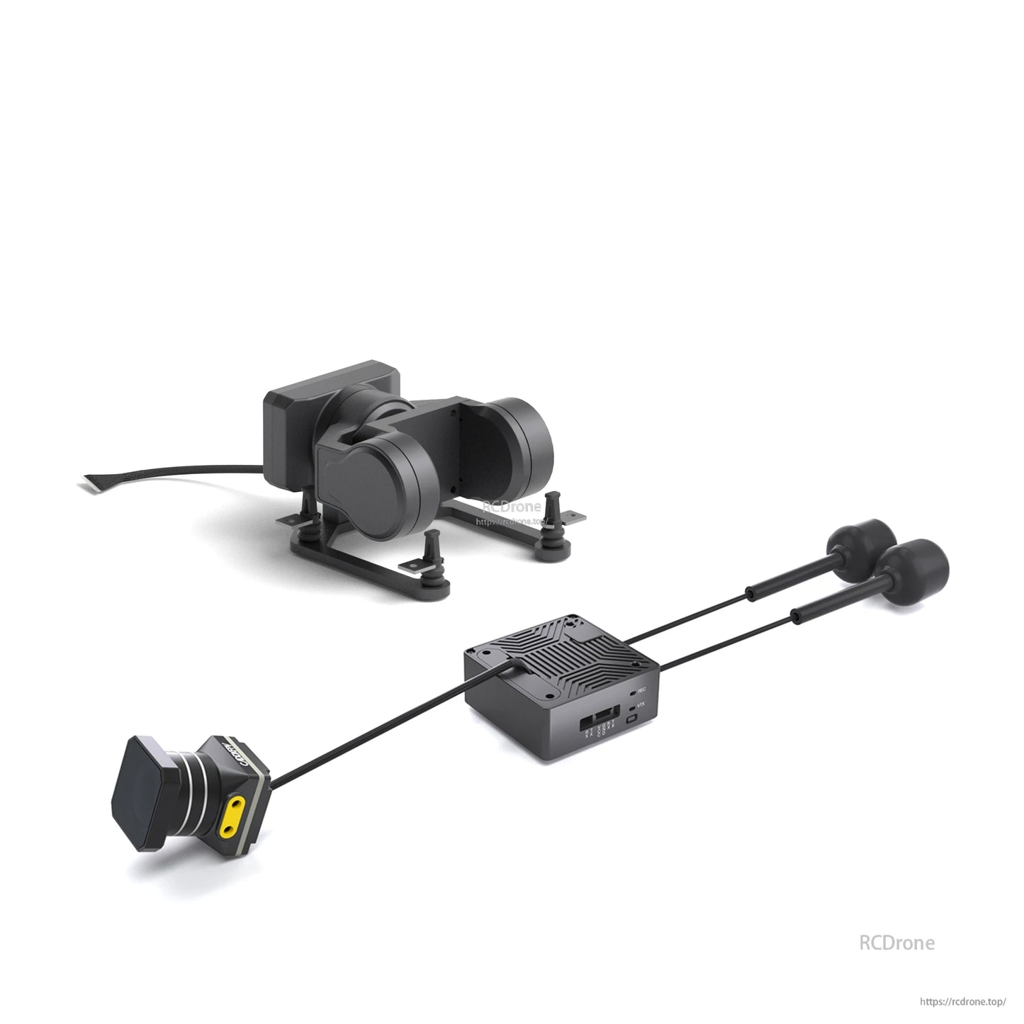 Angled side view of gimbal unit with connected VTX module, dual antennas and separate FPV camera