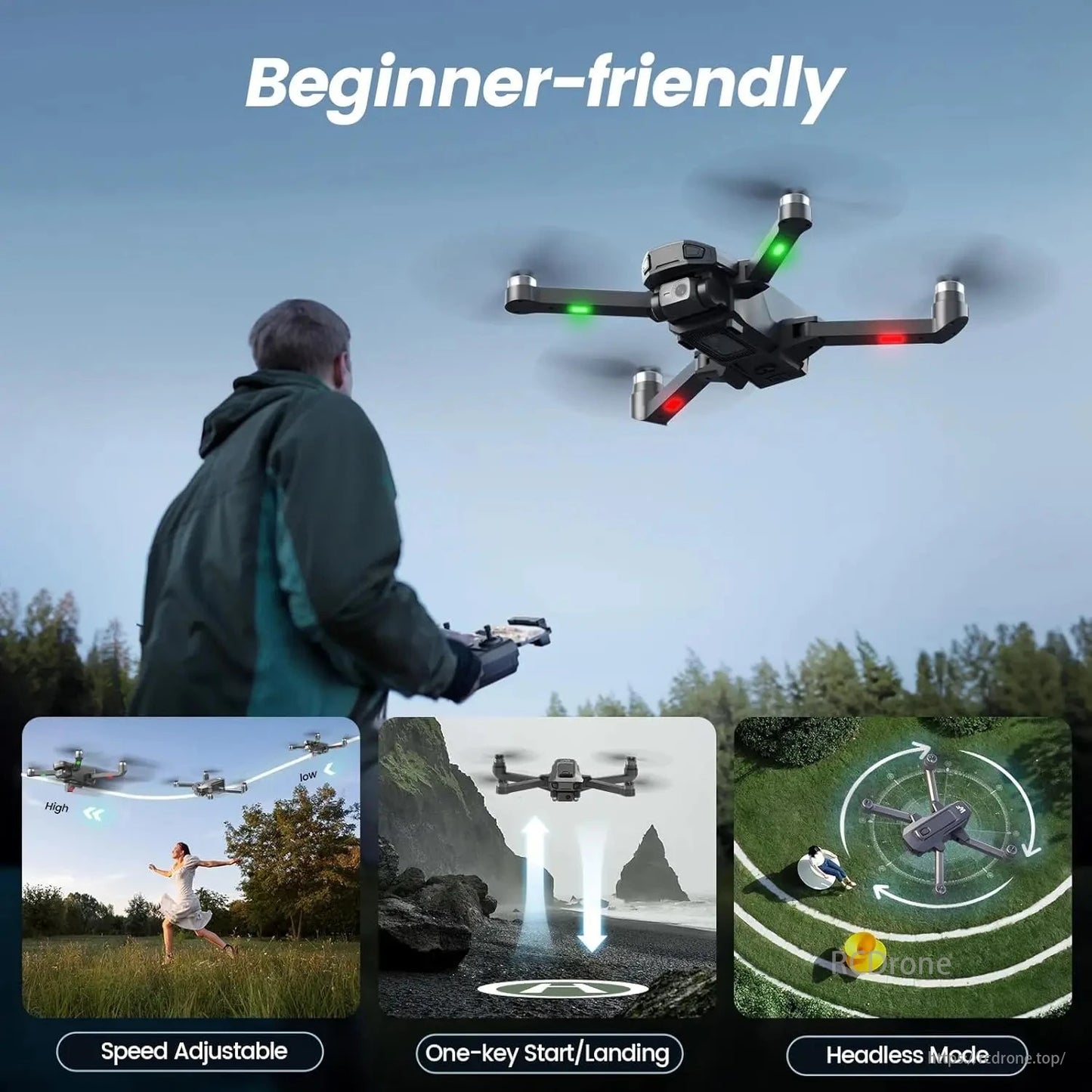 WeFone WF30 GPS Drone, Beginner-friendly drone features adjustable speed, one-key start/landing, headless mode, and easy control.