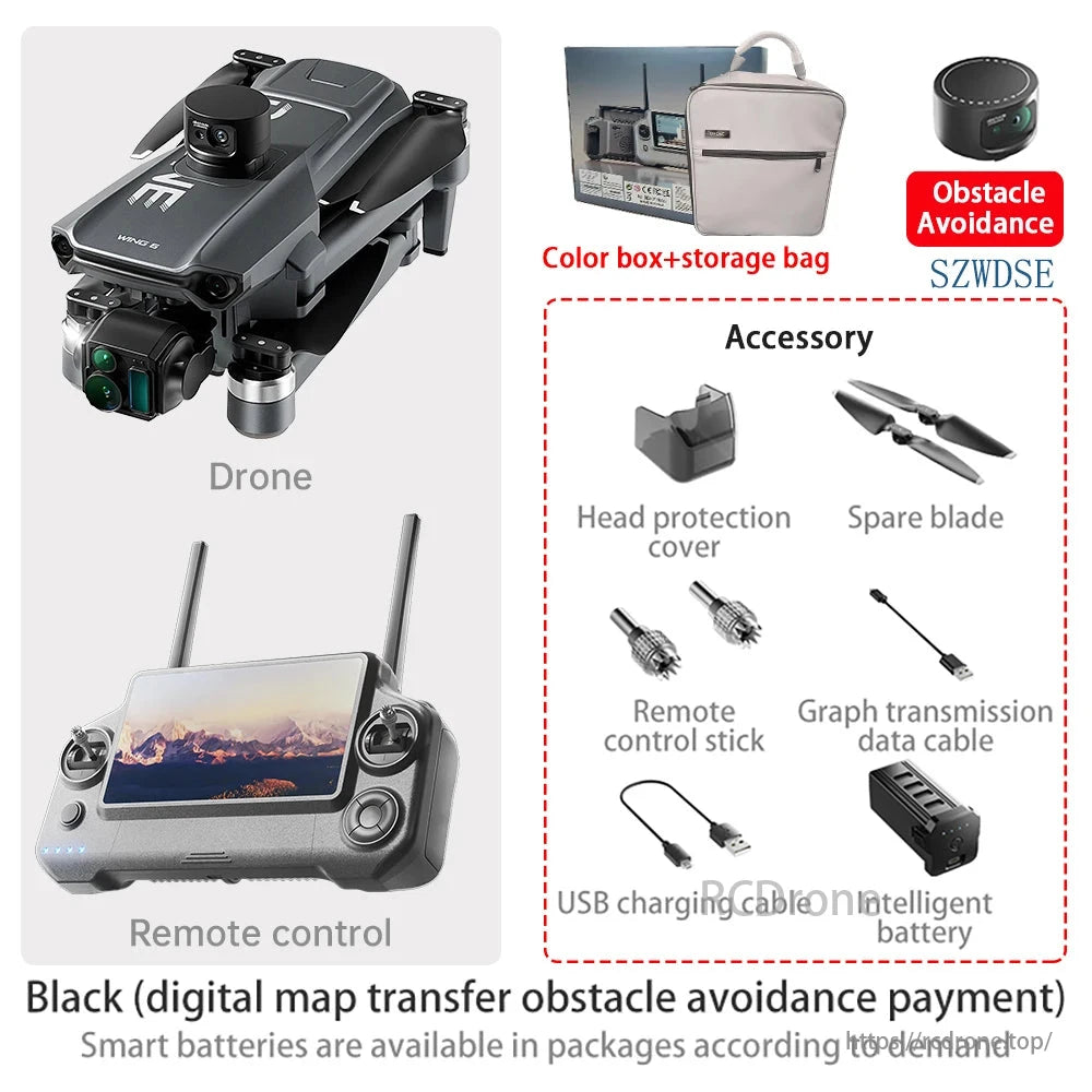 Wing 6 Drone, Drone with remote control and obstacle avoidance. Accessories: color box, storage bag, protection cover, spare blade, USB cable, and smart battery.
