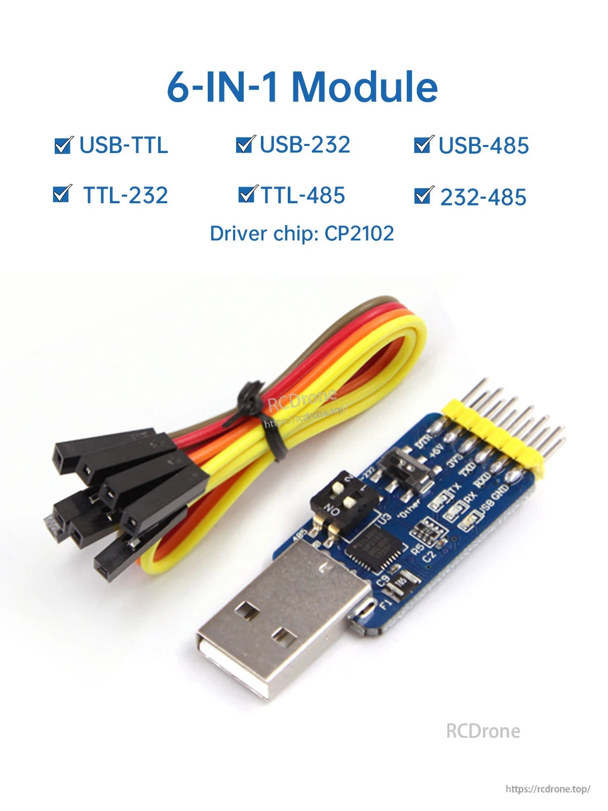 6-in-1 module kit with USB serial converter board and jumper wires; supports USB-TTL, USB-232, USB-485