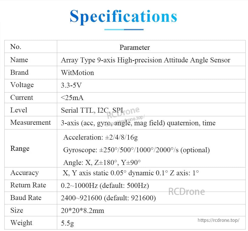 WitMotion HWT906 9-Axis Attitude Angle Sensor, The WitMotion HWT906 sensor measures attitude angles with high precision, featuring a 1000 Hz sampling rate and including acceleration, gyroscopes, and a digital compass.
