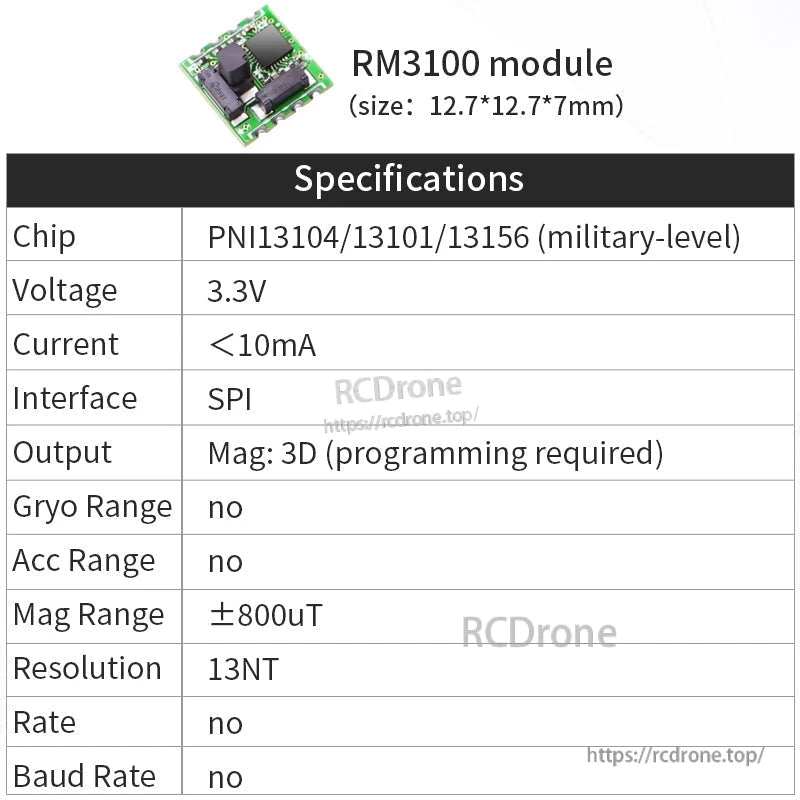 RM3100 module specifications chart showing 3.3V, SPI interface, and 3D magnetic output notes