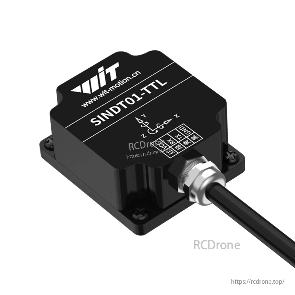 WitMotion SINDT01/SINDT02 AHRS tilt sensor angled view with SINDT01-TTL label and wired cable gland