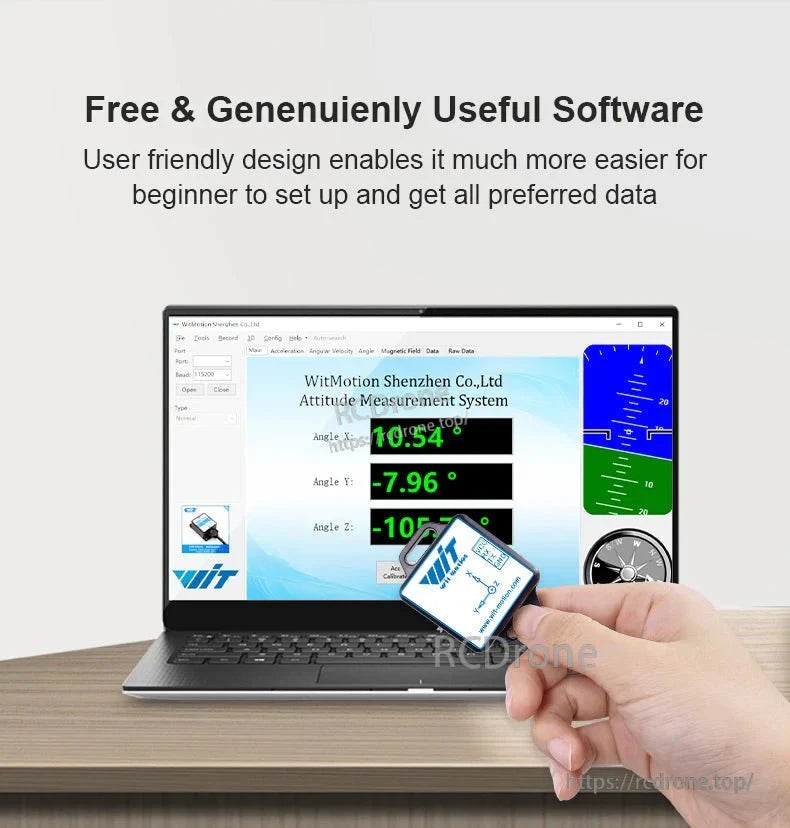 WitMotion WT61C High-Accuracy Accelerometer Sensor, Free, user-friendly software simplifies drone setup for beginners, displaying real-time attitude data (X, Y, Z angles) via WitMotion's interface.