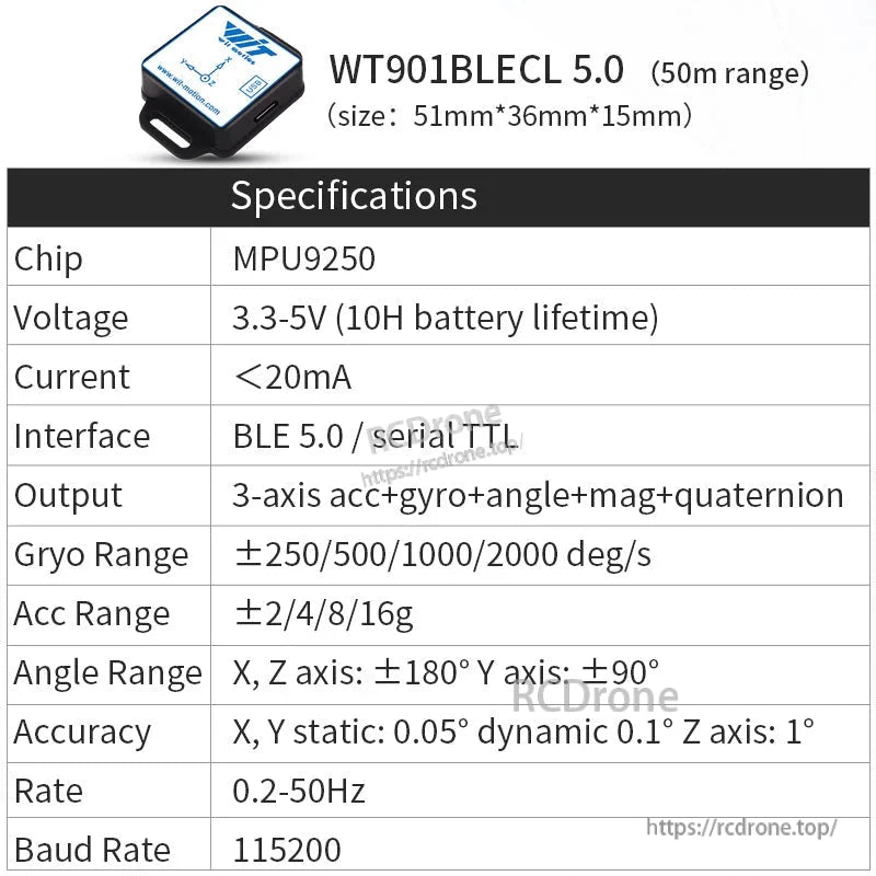 The WitMotion WT901BLECL 5.0 features an MPU9250 chip, BLE 5.0/serial TTL, 3.3-5V operation, and provides 3-axis accelerometer, gyro, angle, magnetometer, and quaternion outputs with adjustable ranges and rates.