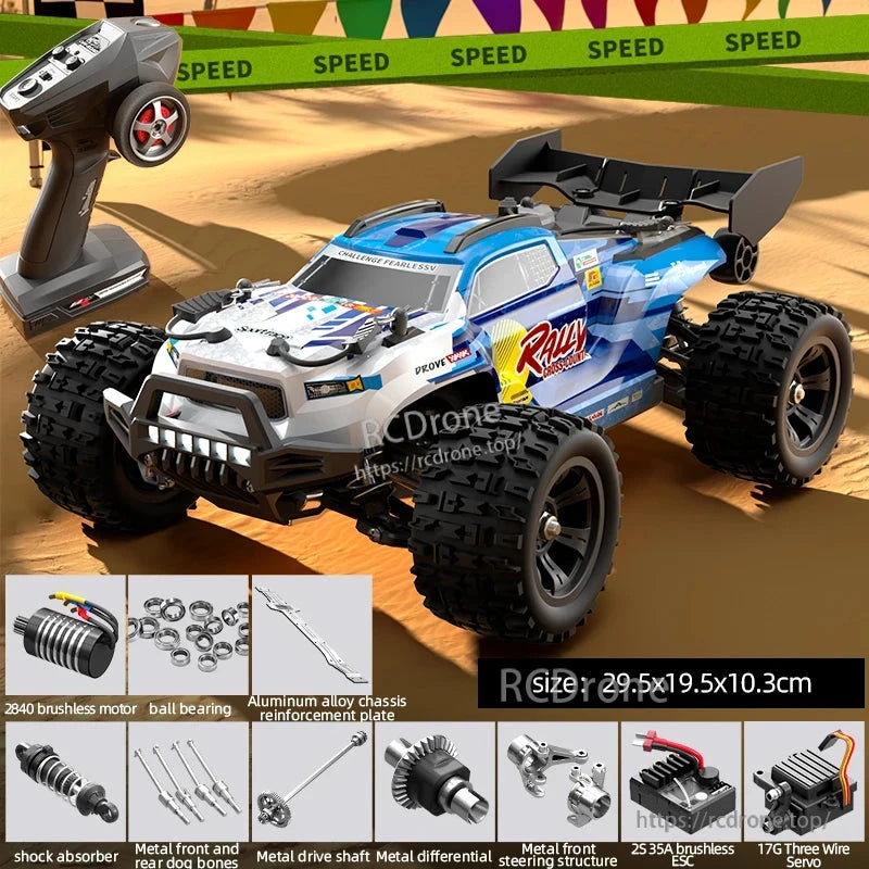 Wltoys 18101 PRO Rc Car, Wltoys 1/18 scale RC truck with brushless motor, 4WD, LED lights, metal parts, 28 km/h speed, 80m range, durable design for off-road use.