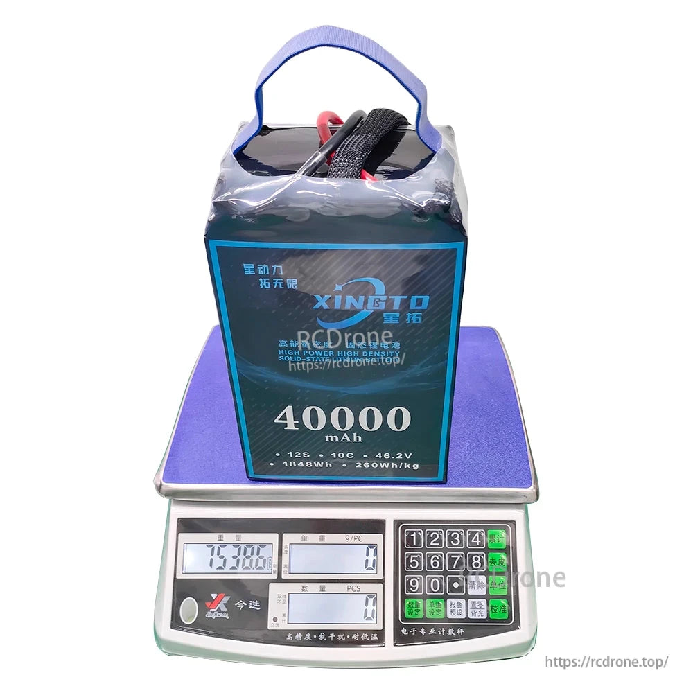 XINGTO 12S 40000mAh solid-state lithium battery, 46.2V, 10C, 1848Wh, 260Wh/kg energy density, weighs 7300g, high power and capacity for demanding applications.
