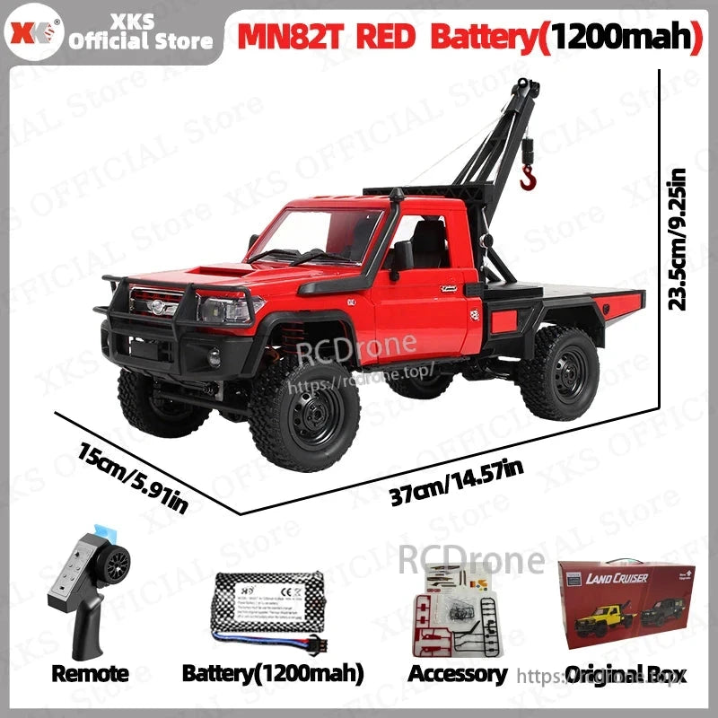 XKS MN82T 1:12 scale 4WD RC pickup crane, 2.4G remote, 7.4V 1200mAh LiPo battery, 50m range, off-road capable, includes accessories and box.
