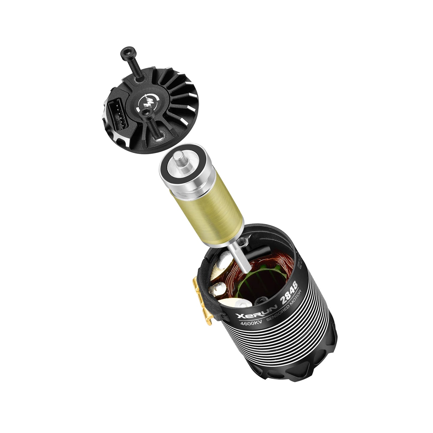 Exploded view of Hobbywing XeRun 2848 sensored brushless motor showing rotor, stator windings and sensor endbell