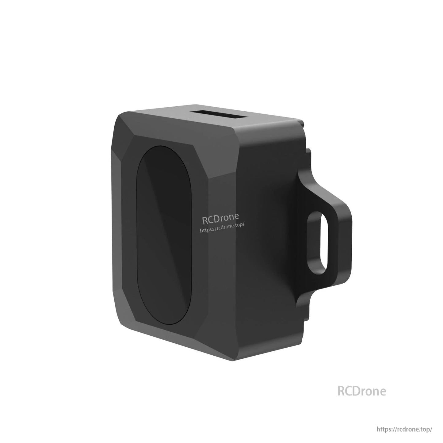 SDM18 sensor housing side view showing large front lens opening and slotted mounting ear