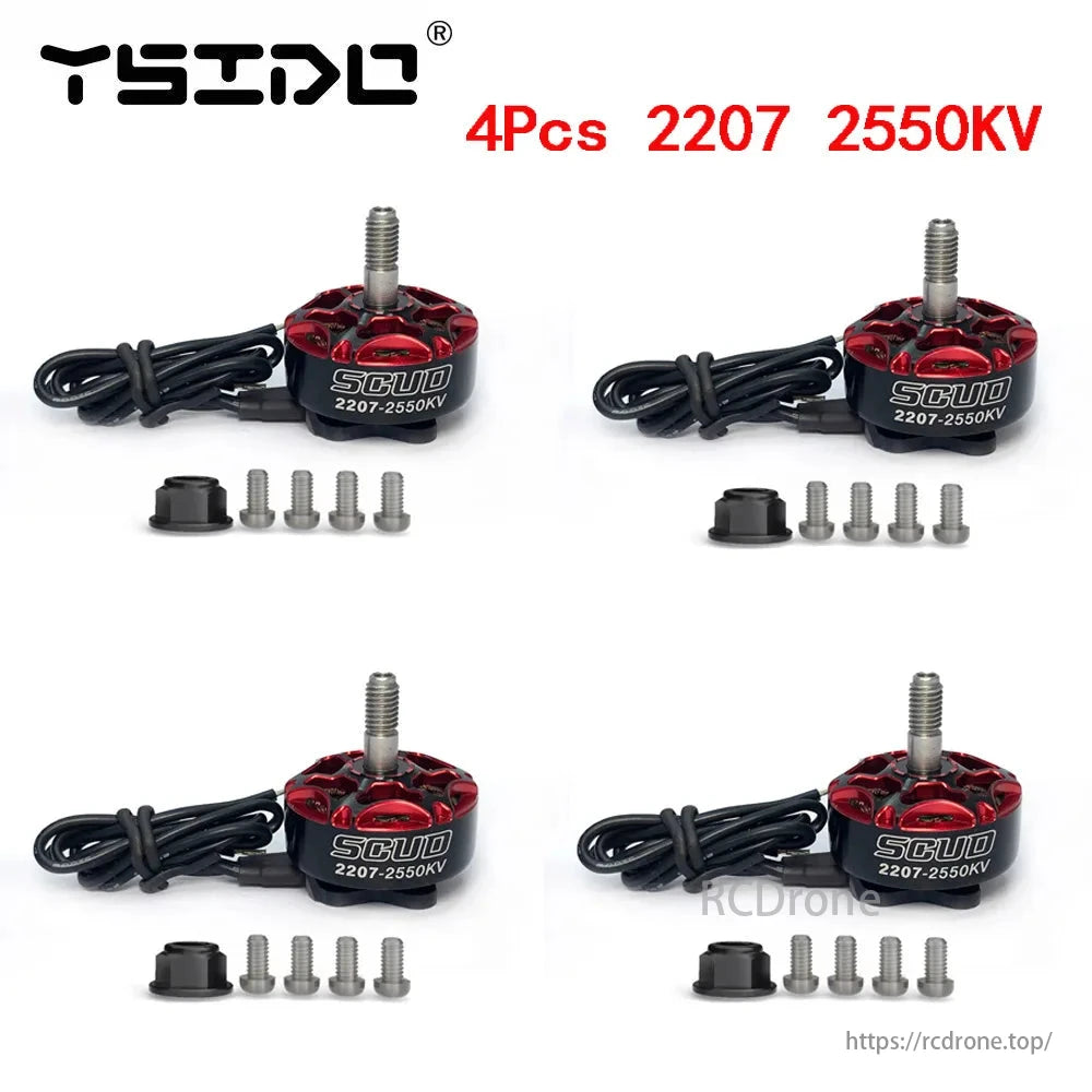 YSIDO SCUD 2207 2550KV brushless motor set for 5"/6" racing drones, includes four motors with hardware.