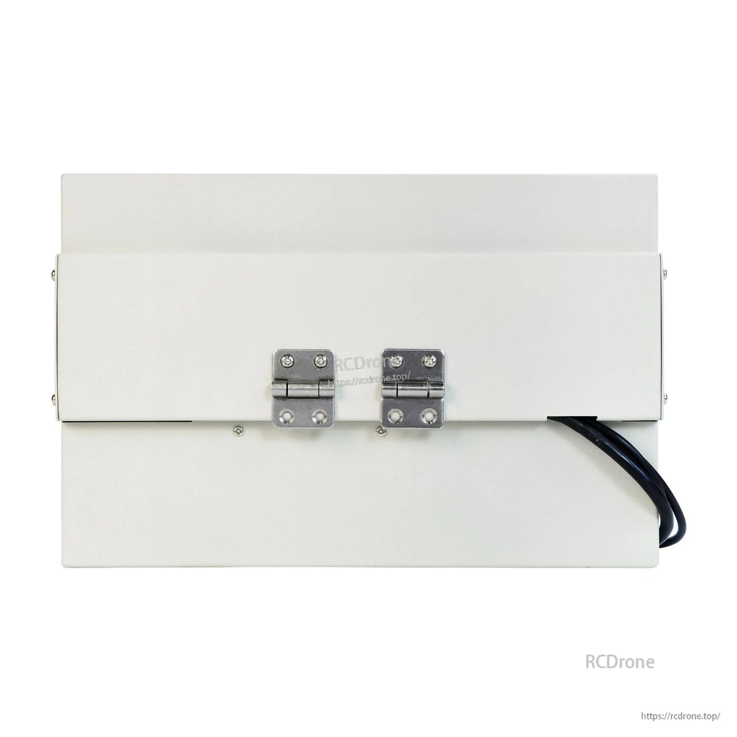 Rear view of display showing metal mounting bracket hinges and attached cable exit