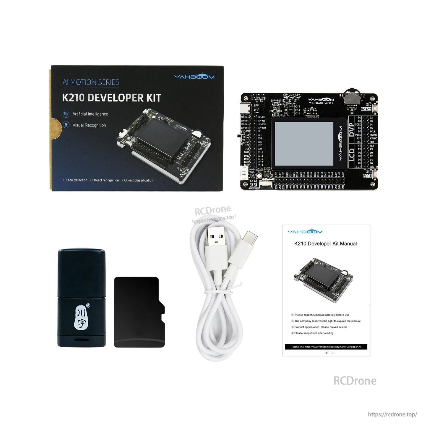 K210 developer kit package contents with board, USB‑C cable, manual, TF card and USB card reader