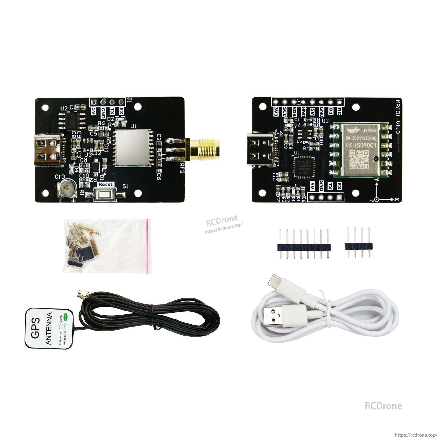Complete kit layout showing front and back of module, antenna, USB cable, pin headers, and screws