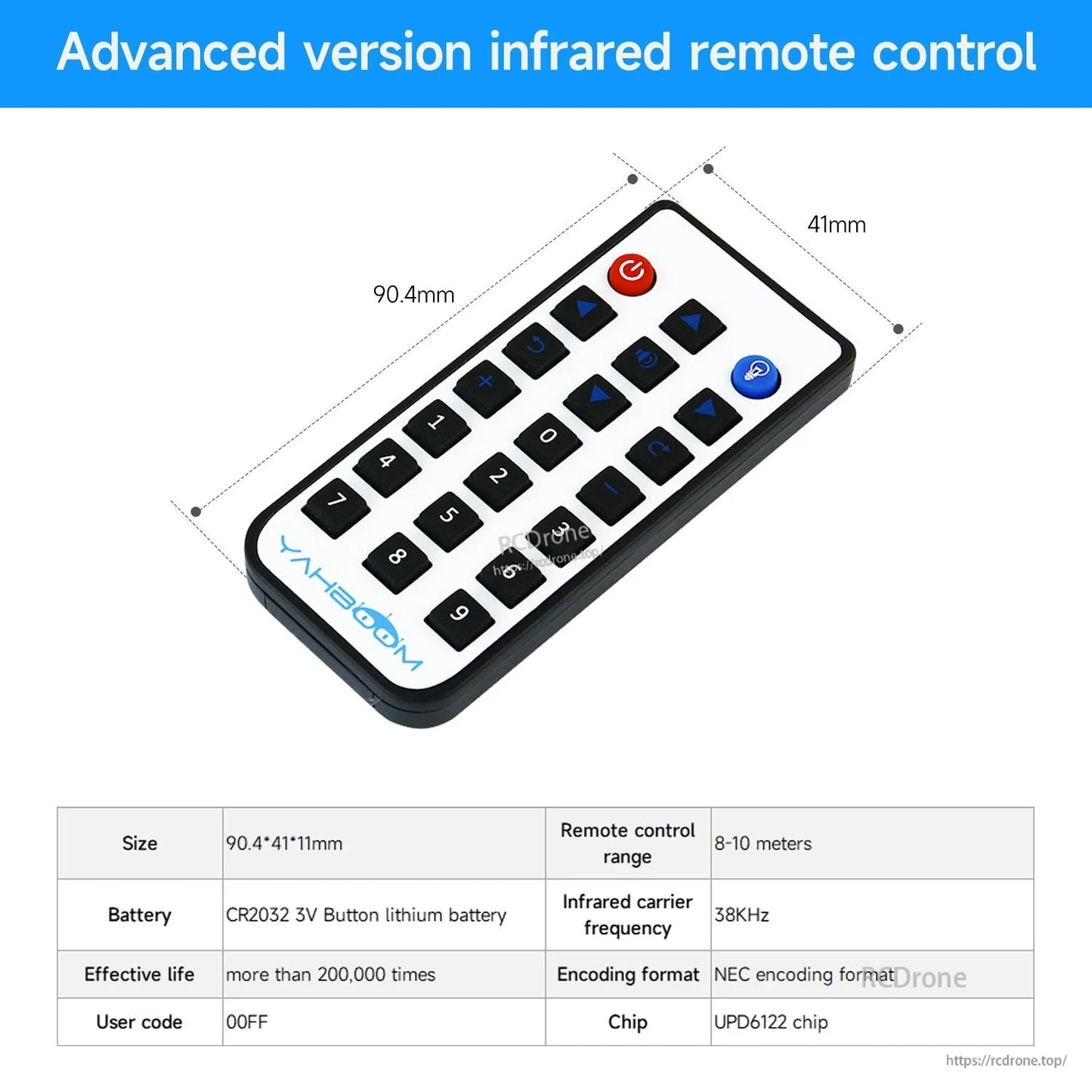 Yahboom infrared remote controller with numeric keypad and navigation buttons, 90.4 x 41 mm