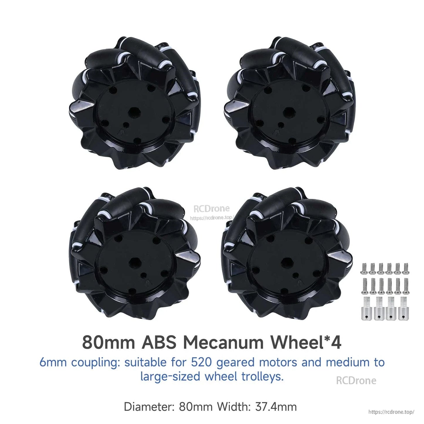 80mm ABS mecanum wheel set of 4 with 6mm couplings and screws, diameter and width listed