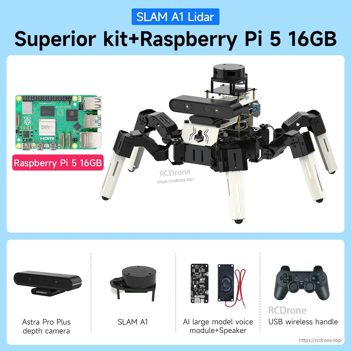 Superior kit + Raspberry Pi 5 16GB bundle graphic with SLAM A1 LiDAR, depth camera, voice module and USB handle