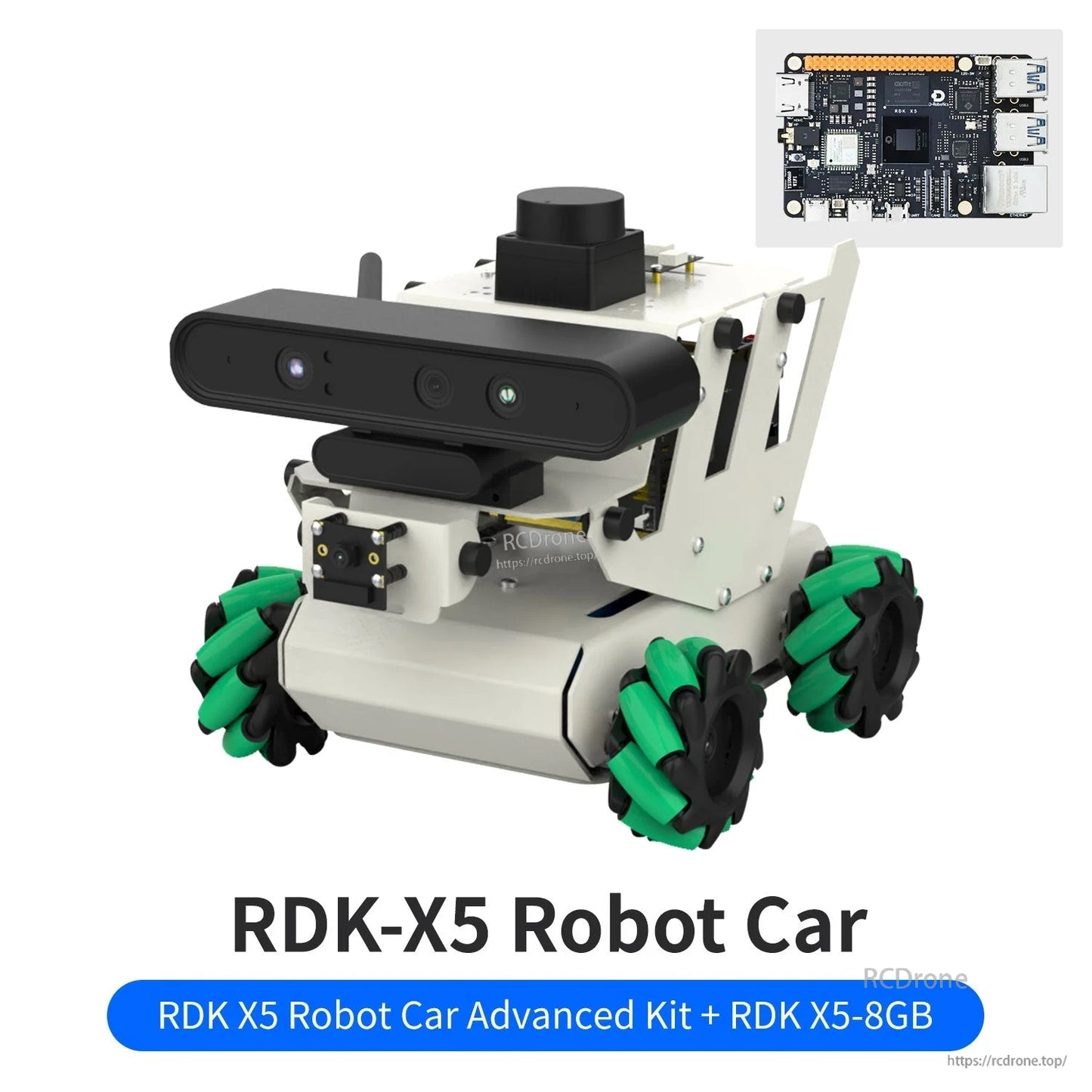 RDK-X5 Robot Car advanced kit graphic with inset of mainboard, front view with depth camera