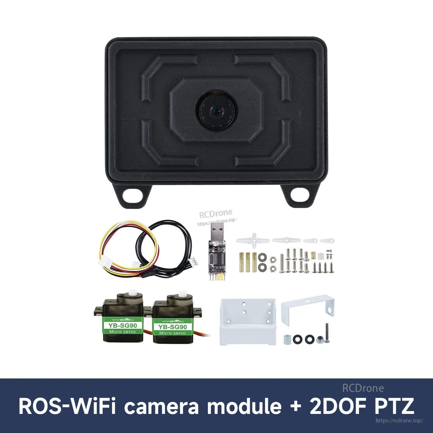 ROS-WiFi camera module + 2DOF PTZ kit contents with servos, bracket parts, screws, and cables