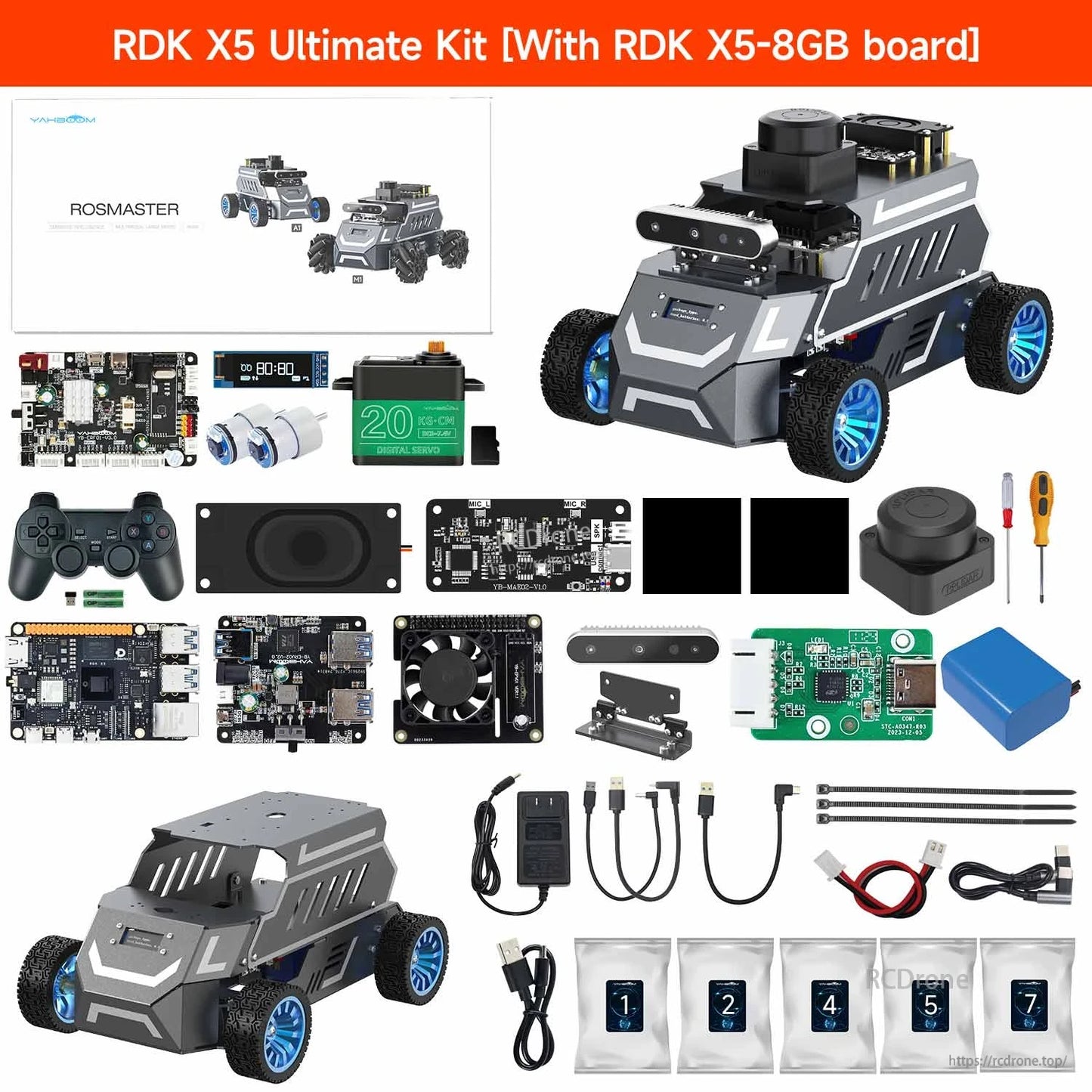 Yahboom ROSMASTER A1 ROS2 Robot, RDK X5 Ultimate robot car kit with wheeled chassis, controller boards, sensors, cables, and power accessor.