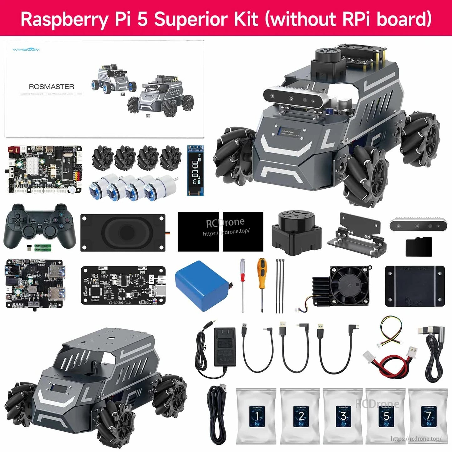 Yahboom ROSMASTER M1 ROS2 Robot, Yahboom ROSMASTER M1 ROS2 Raspberry Pi 5 robot kit without Pi board, with chassis, wheels, controller, cab.