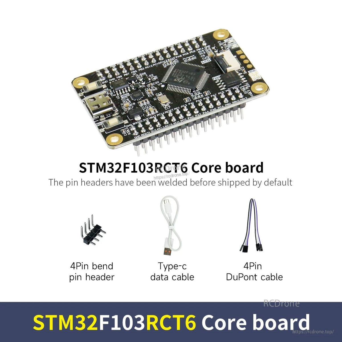 STM32F103RCT6 core board kit contents: board with headers, 4-pin bent header, USB-C data cable, 4-pin Dupont cable