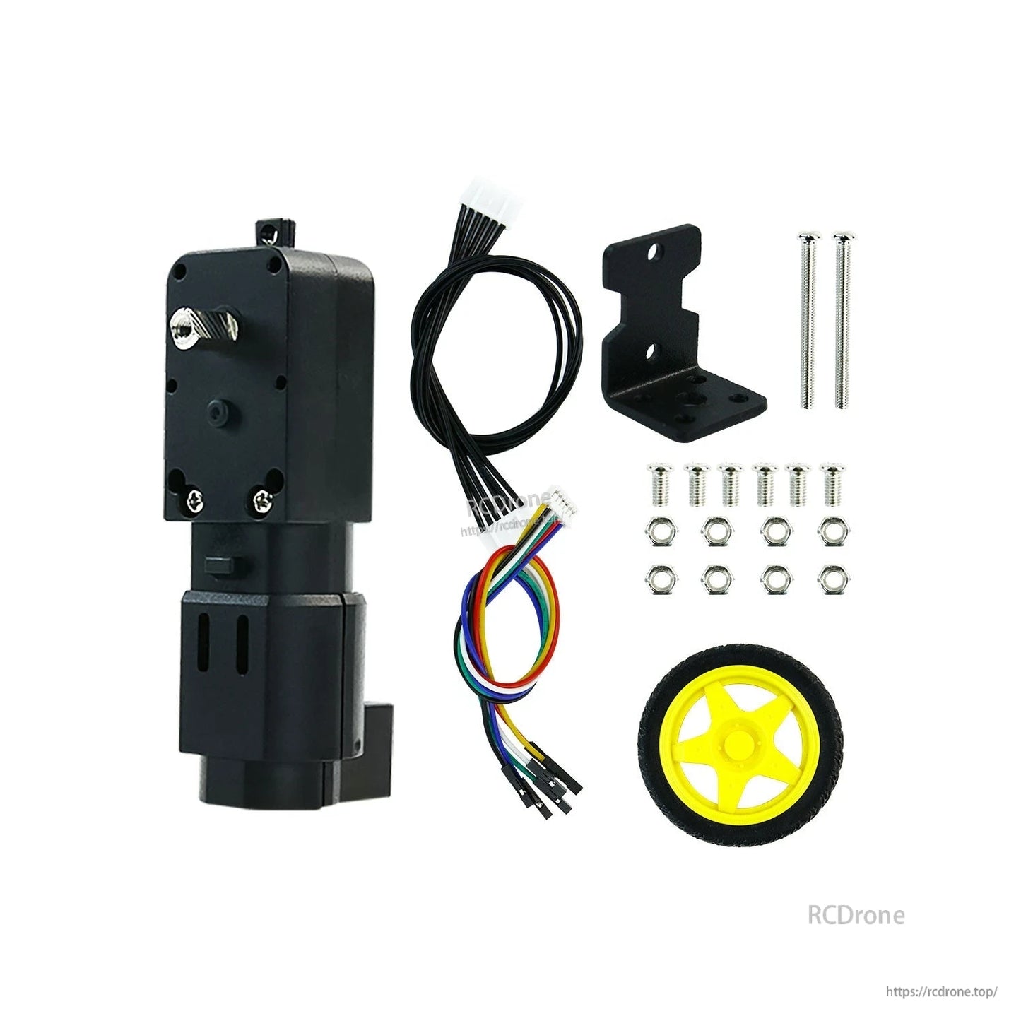 Kit layout with TT encoder gear motor, wiring, L bracket, bolts and nuts, plus yellow robot car wheel