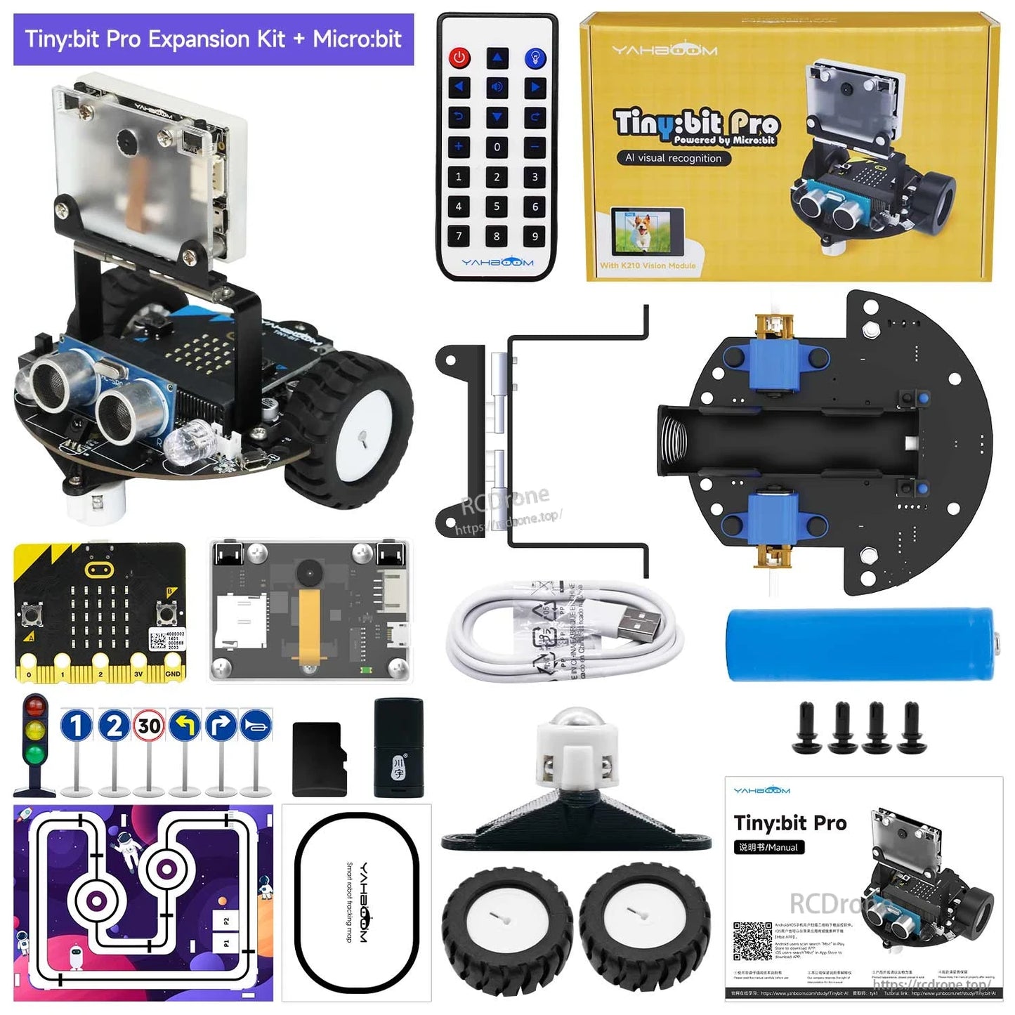 Tiny:bit Pro Expansion Kit + micro:bit contents with micro:bit board, track map/road signs, robot car parts and manual