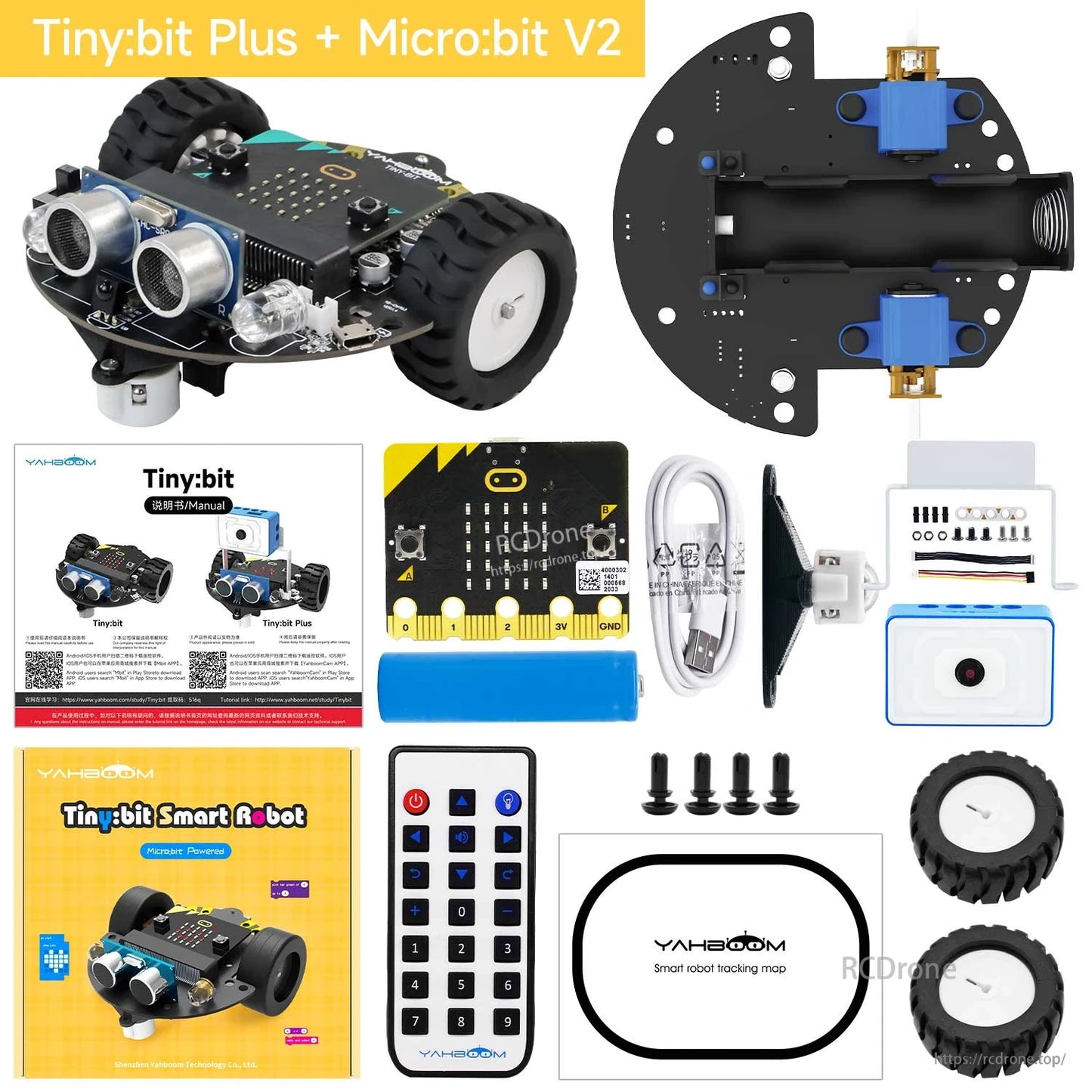 Tiny:bit Plus + Micro:bit V2 kit contents with micro:bit board, WiFi camera module, battery, remote, and accessories