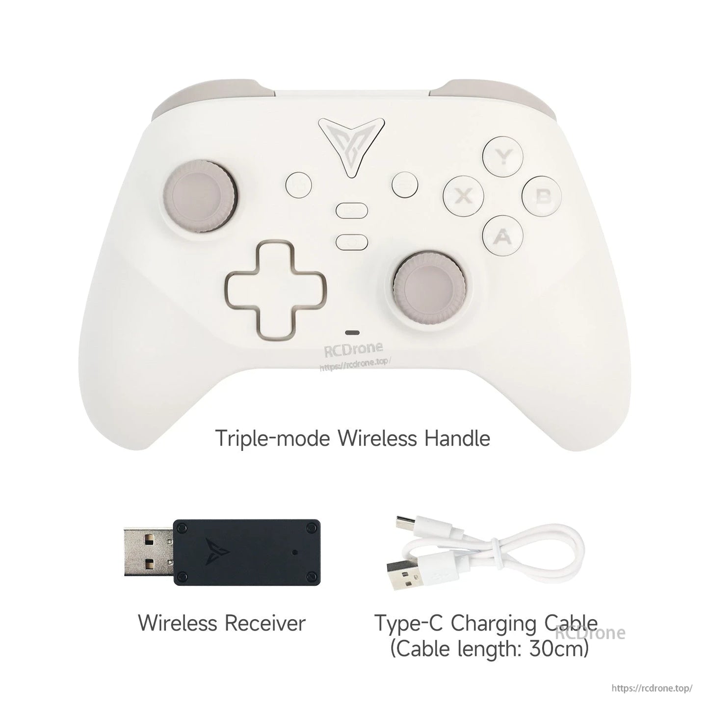 Front view controller with labeled accessories: wireless receiver and 30cm USB-C charging cable