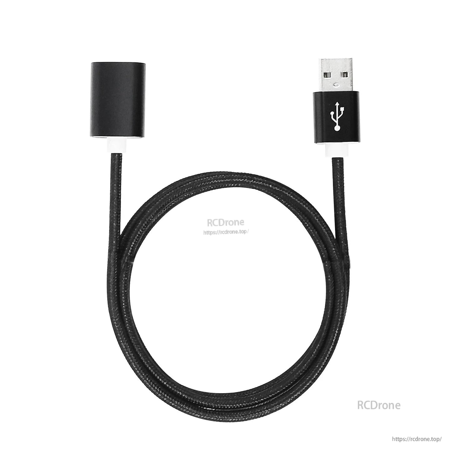 Full-length black braided USB-A male to USB-A female extension cable laid out in a loop