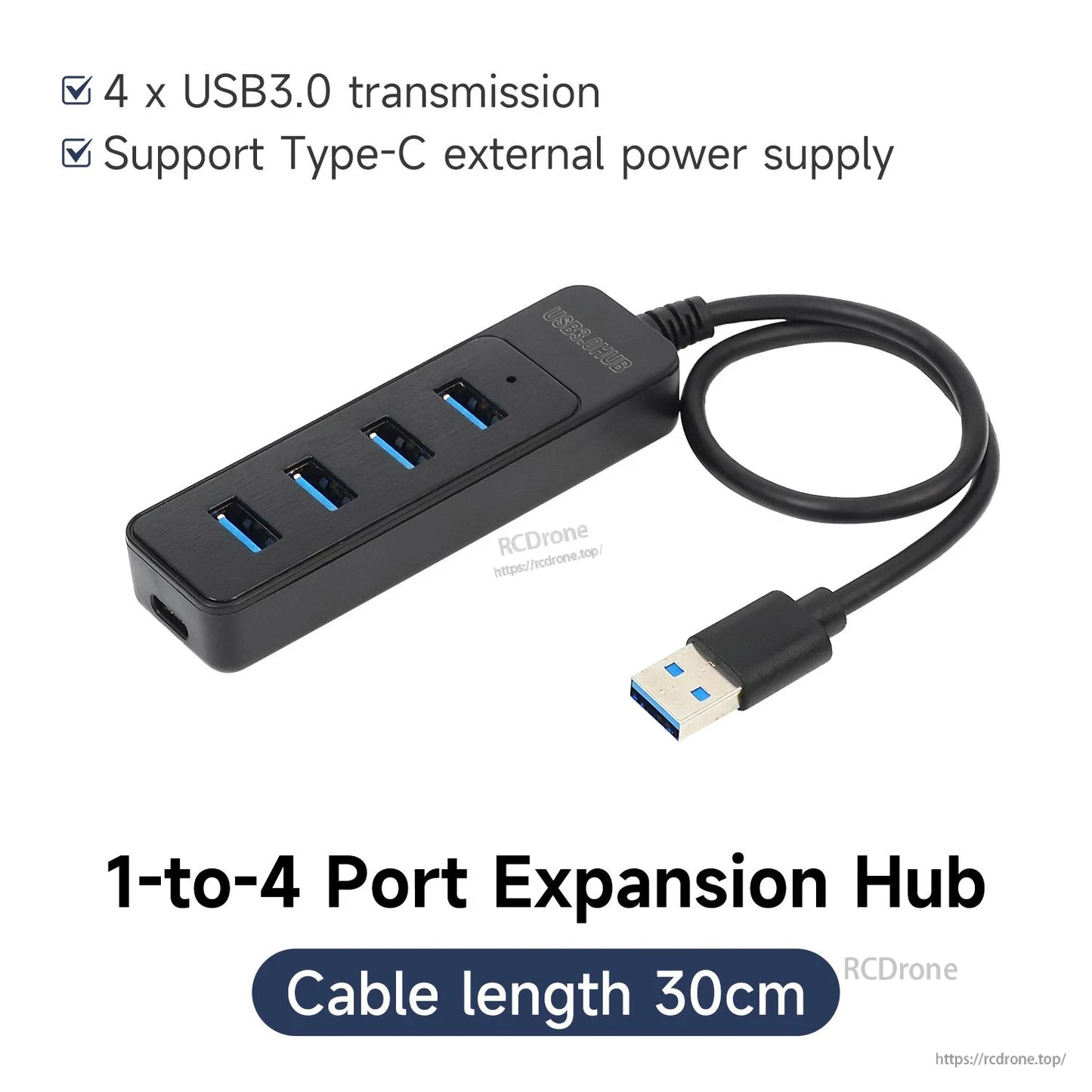1-to-4 port expansion hub feature graphic showing support for Type-C external power and 30 cm cable