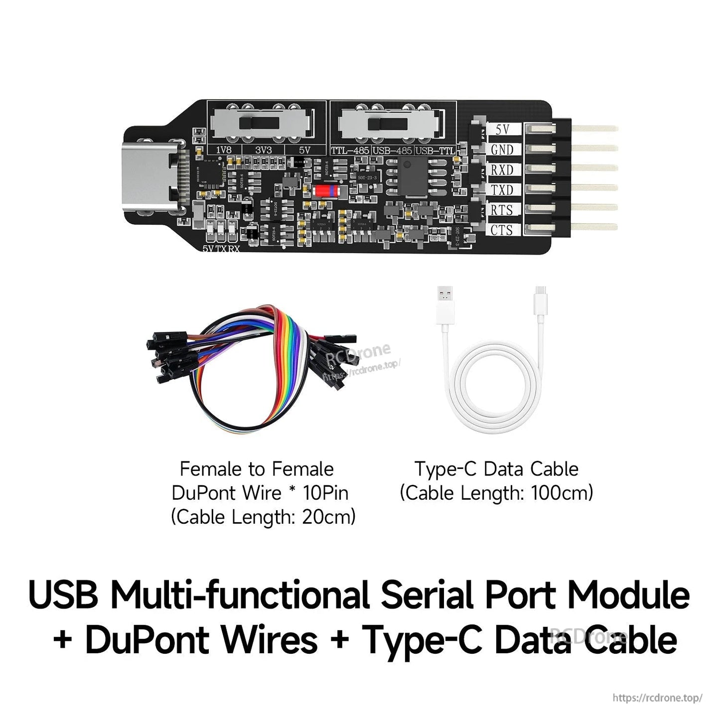 Bundle includes serial port module, 10-pin female-to-female Dupont wires (20 cm), and USB Type-C data cable (1 m)