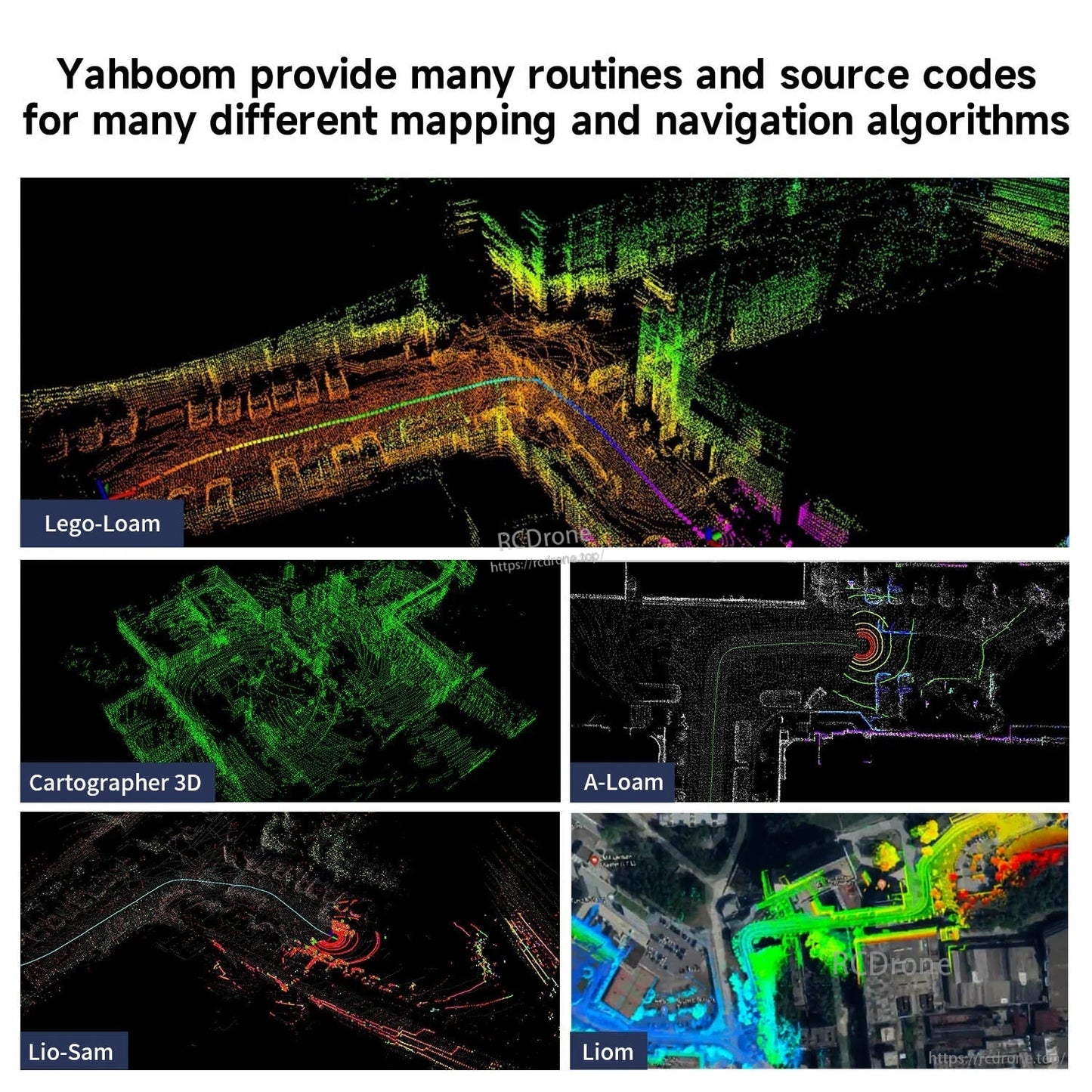 LiDAR mapping point cloud examples with Lego-LOAM, Cartographer 3D, A-LOAM, Lio-SAM, Liom outputs